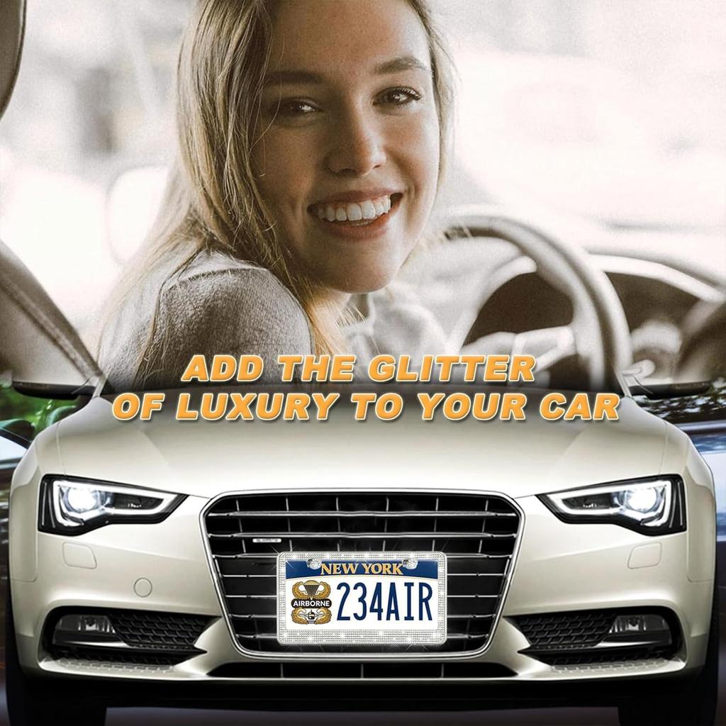 Bling Rhinestone License Plate Frame for Women 2PC, Sparkly Stainless Steel Frames & Over 1200 pcs Finest 14 Facets Black Glass Crystals Premium