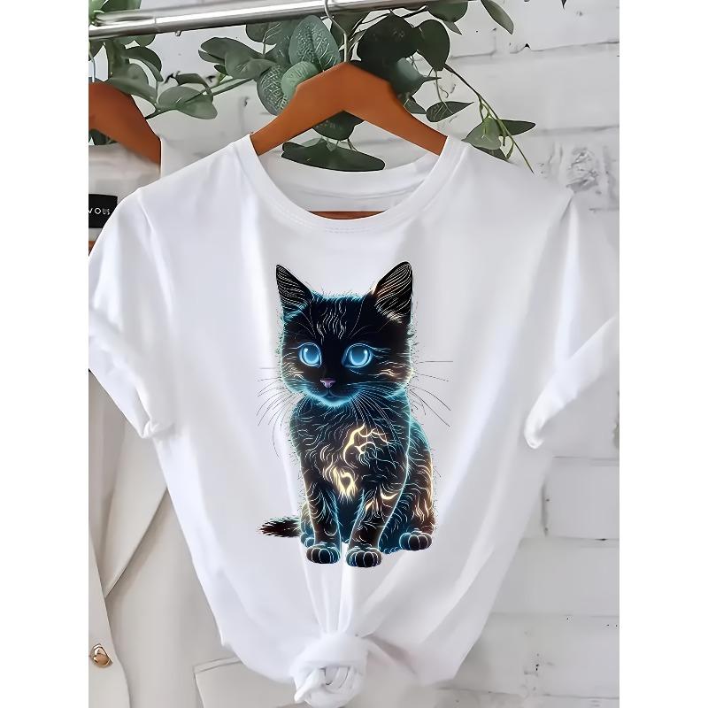 

European Size Womens Plus Size Cat Print T Shirt Casual Crew Neck Short Sleeve Plus Size Clothing 4XL білий