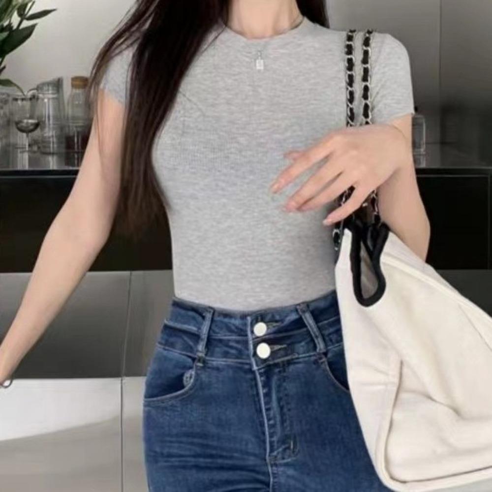 Basic Short Sleeve T Shirt Pullover Slim Crop Tops Solid Color Tees Shirts Women  Summer