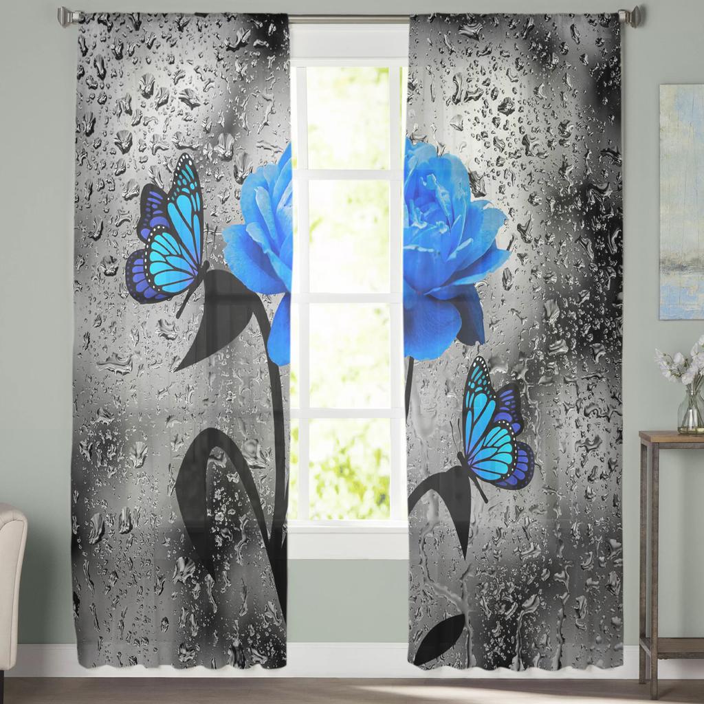 Blue Rose Flower Butterfly Glassy Gauze Curtains For Children's Bedroom Kitchen For Living Room Holiday Decor Voile Curtain