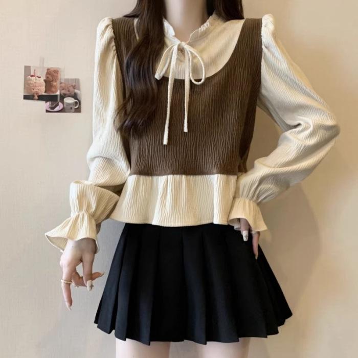 

Французька ретро сорочка з рюшами, що імітує два предмети - Жіночий стильний осінній топ з довгим рукавом 2026 M кавовий