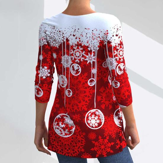 O-Neck Long Sleeves Lace Stitching Christmas Top Women Snowflake Theme 3D Printed Blouse Streetwear