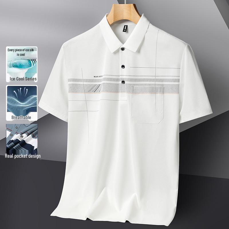 

Men s Ice Silk Print Short Sleeve Polo with Real Pocket 3XL