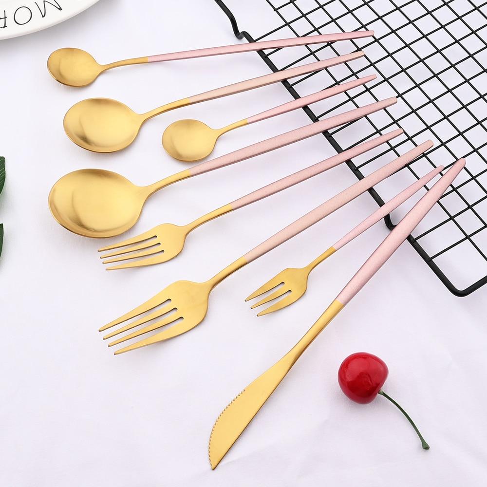 Pink Gold Stainless Steel Cutlery Set Flatware Dinner Knife Dessert Spoon Fruit Fork Dinnerware Set Matte Kitchen Tableware Set