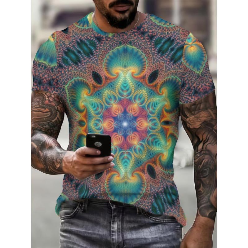 3D Psychedelische Mandala-Blume Bedrucktes T-Shirt für Herren Trendige Kurzarm-Tees Abstrakte Trippy Geometrische Grafik Rundhals Hip Hop Streetwear Oberteile