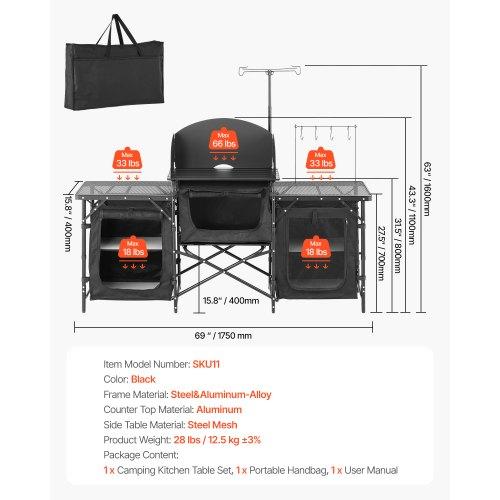 VEVOR Camping Kitchen Table, Outdoor Camp Cooking Table, Aluminum Portable Cook Station with 3 Storage Cupboard, Carrying Bag, Detachable Windscreen