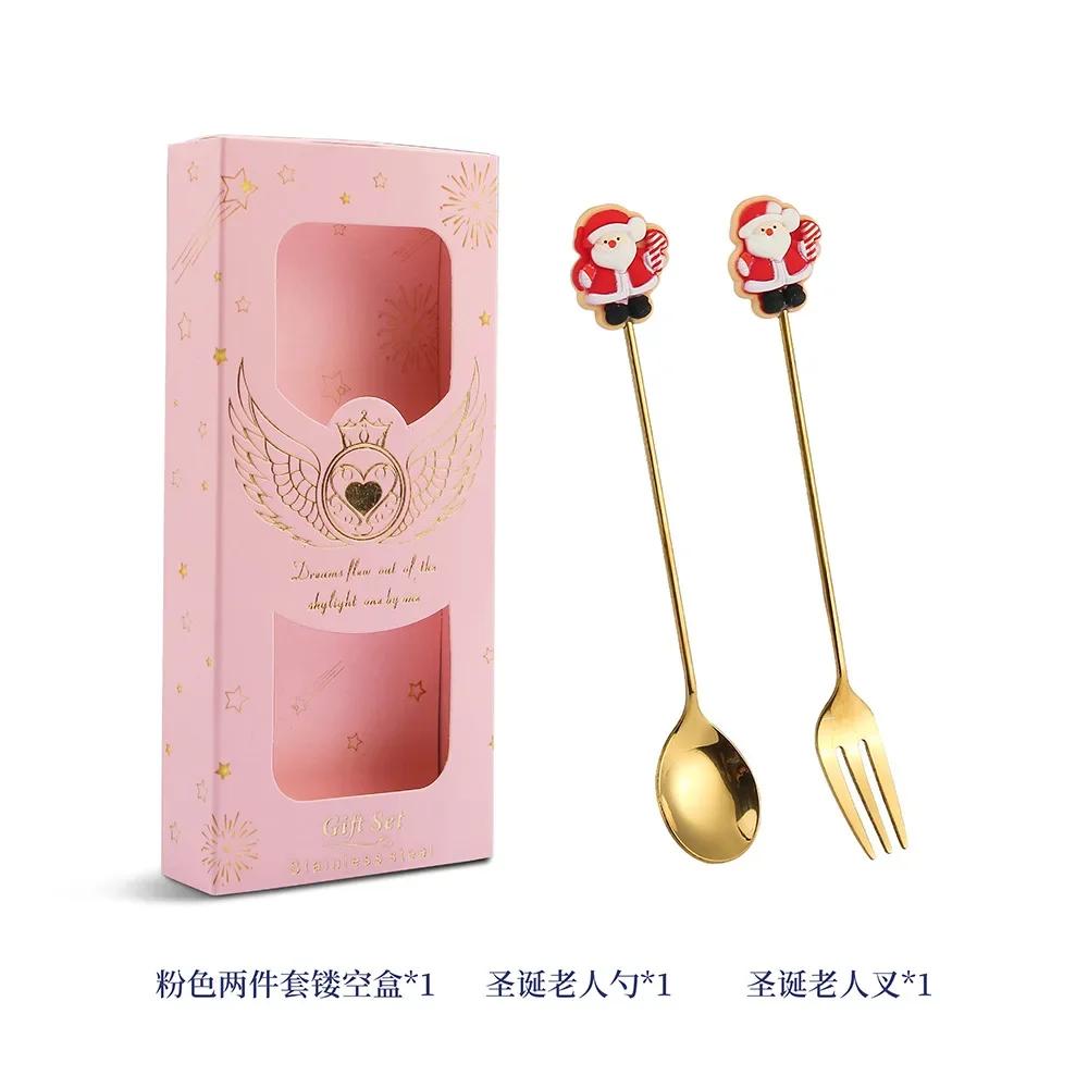 2025 Christmas Spoon and Fork Set Stainless Steel Creative Tableware Coffee Tea Dessert Spoon Spoons with Gift Box 6Pcs New