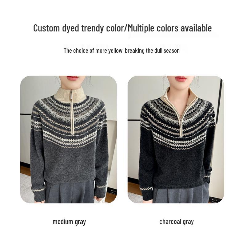 Women's Retro Fair Isle Stand Collar Wool Sweater - Loose Fit, 100% Wool, Plus Size Knitwear Outerwear