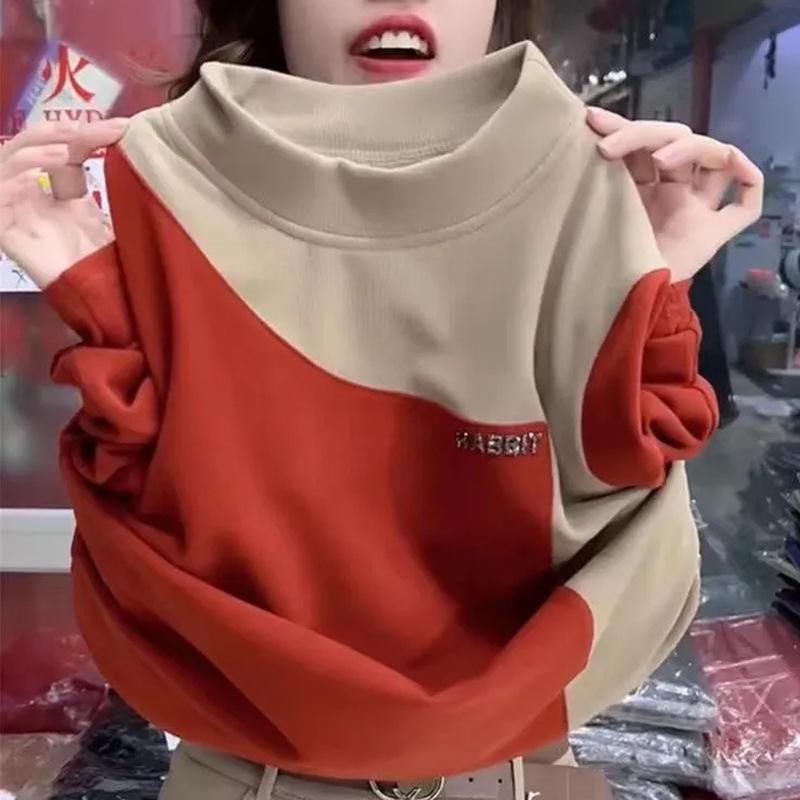 

Plus Size Color Block Long Sleeve Velvet Top - Hong Kong Style Autumn/Winter Women s Layering Shirt XXL