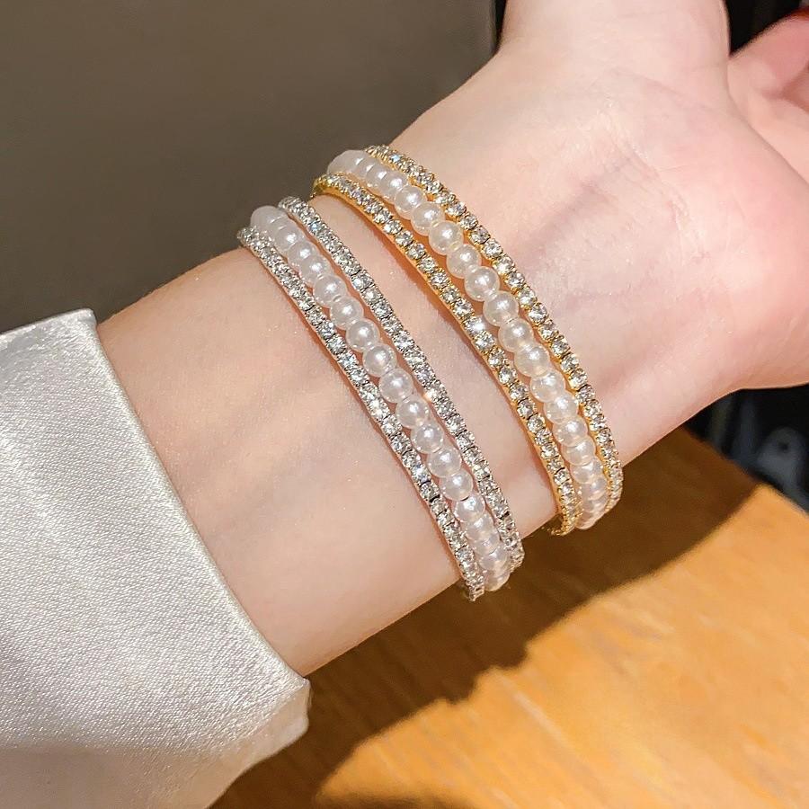 Pearl Beaded Threelayer Open Bracelet With Rhinestone Embellishments For Elegant Womens Jewelry