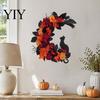 Gothic Style Artificial Leaves Halloween Black Cat Moon Wreath, Crescent Wreath with Autumn Door Decoration Rose Flowers for Home Front Porch