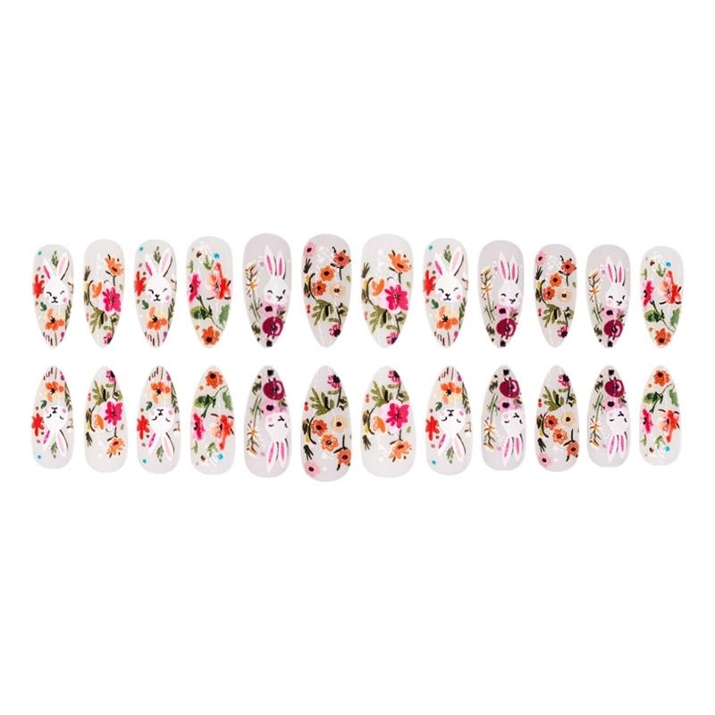 24 Stück Ostern Aufdrücknägel Glänzende Acryl-Falschnägel mit Blumendesigns Aufklebenagel für Frauen und Mädchen Maniküre