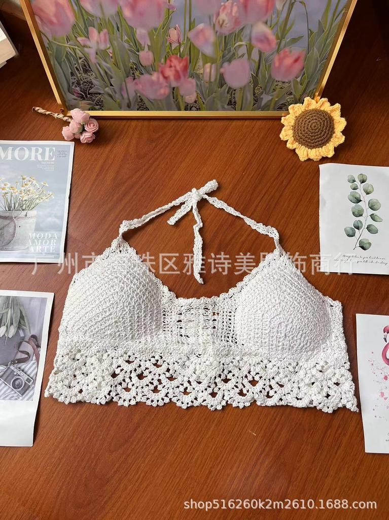 New fashionable and sexy tube top with small suspenders for women's summer seaside beach lace-up hollow knitted neck top