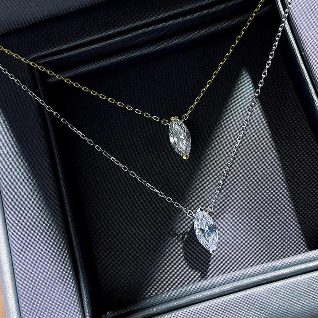 Two Prong Marquise Cut Single Stone Pendant Thin Link Chain Two Tone Minimalist Women Neck Jewelry
