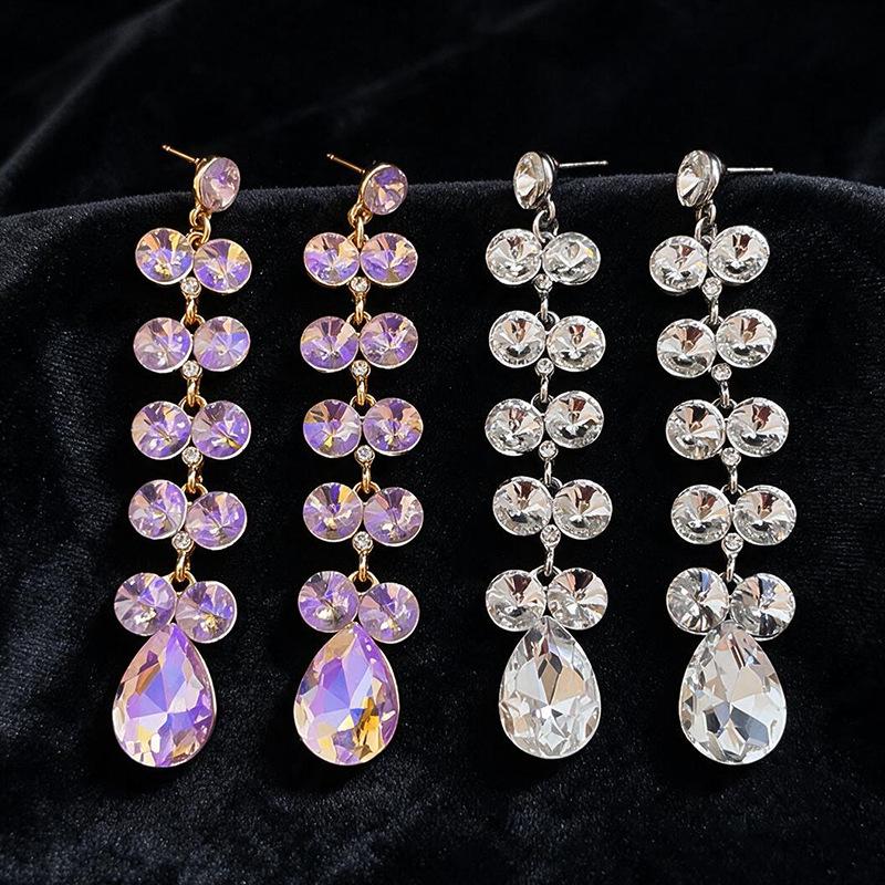 Silver Needle Rhinestone Water Drop Tassel Stud Earrings - Exquisite High-end Light Luxury Ear Jewelry