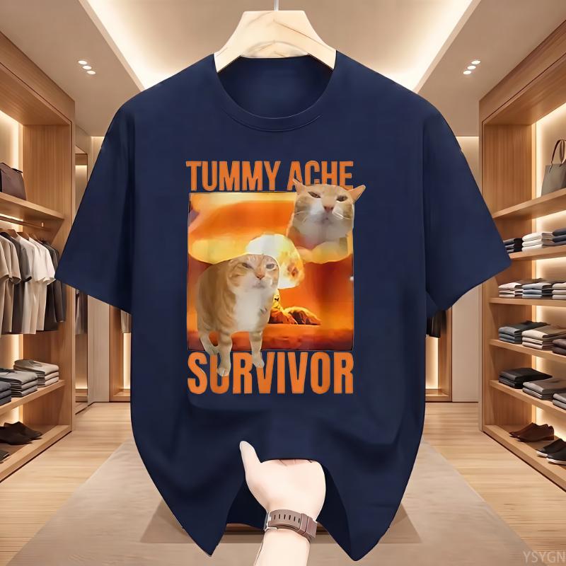 Tummy Ache Survivor Cat Funny Retro Casual Round Neck Pure Cotton Shortsleeved Tshirt Unisexs Summer Fashion Trend Breathable Top