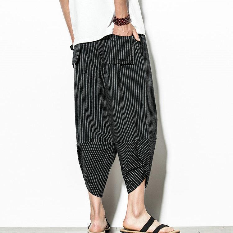 Harajuku Casual Wide Leg Harem Pants Men 2024 Summer Cotton Baggy Pants Striped Calf Length Trousers