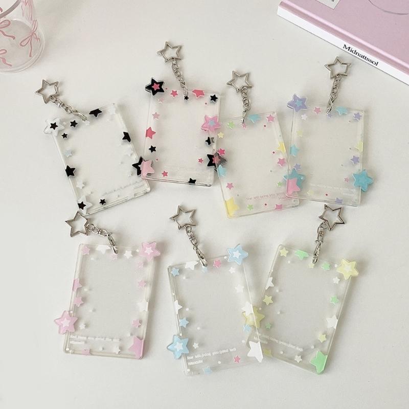 Star Print Photo Card Case with Keychain Clip 3Inch Photo Protectors Waterproof Acrylic Card Covers for Badges Photos