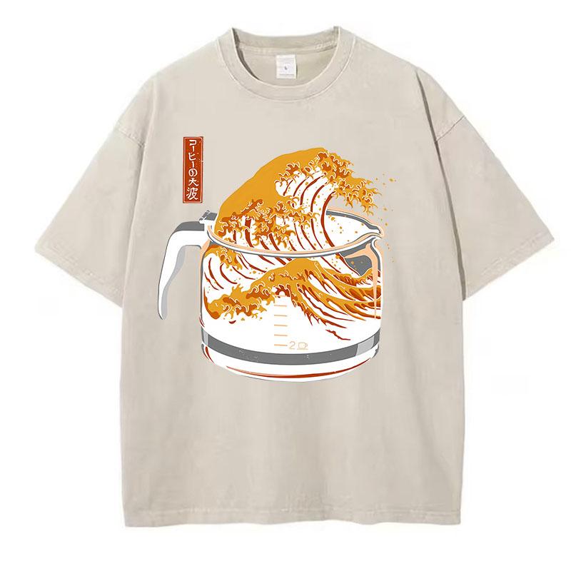 Retro T Shirt Vintage Washed Cotton T-Shirt Japanese Style Wave  Graphic Tee Casual Streetwear Spring Summer