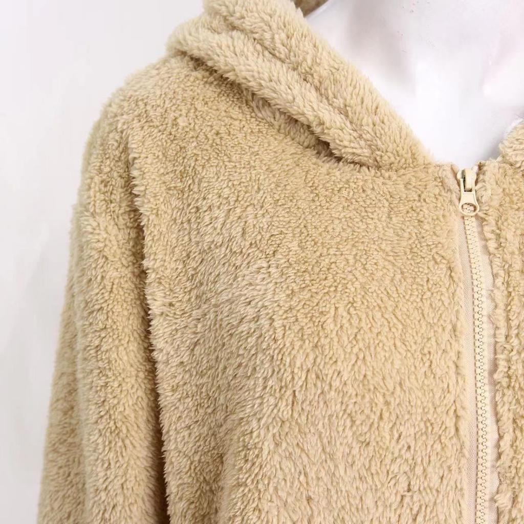 Winter New Loose Fuzzy Plush Women's Long Sleeve Hooded Zip Up Cardigan Coat for Europe America