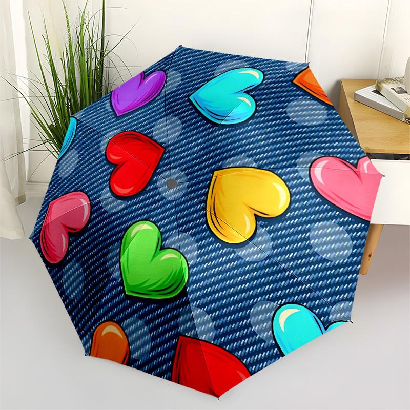 1pc Heart Print Automatic Folding Umbrella Durable Iron Frame,All Seasons Home Travel Outdoor Multifunctional Umbrella Yy251115061