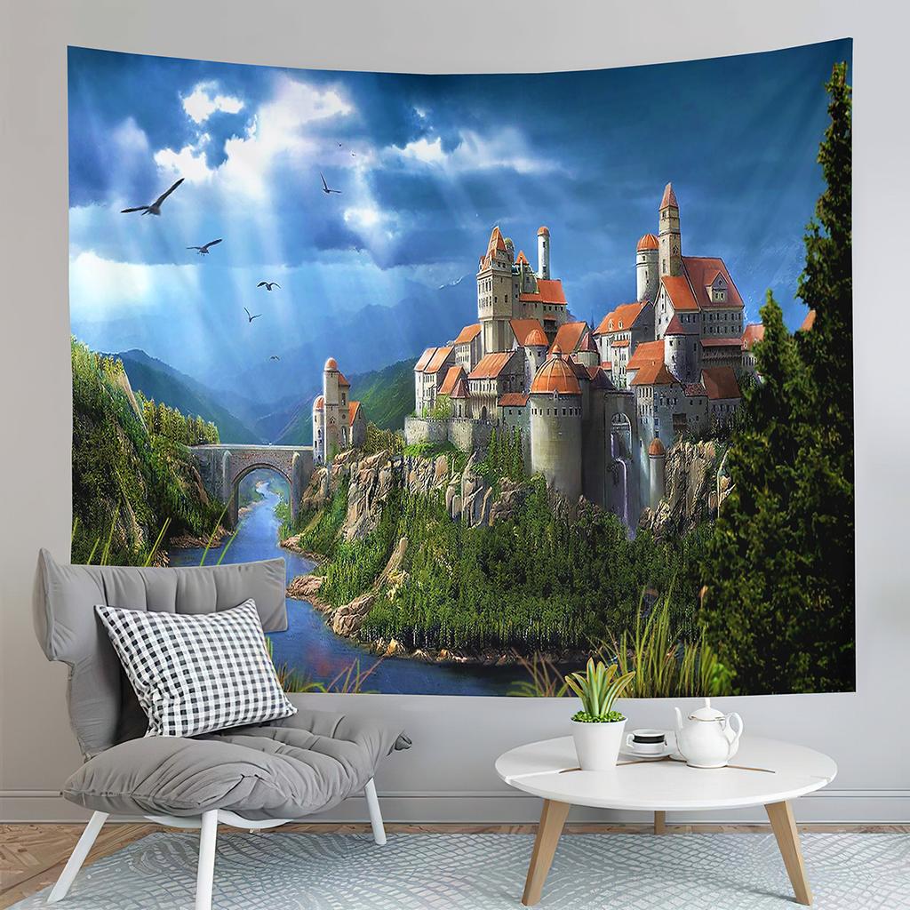 Fantasy Castle Tapestry River Forest Tapestry Fairy Tale World Tapestry Home Living Room Dorm Bedroom Aesthetics Tapestries