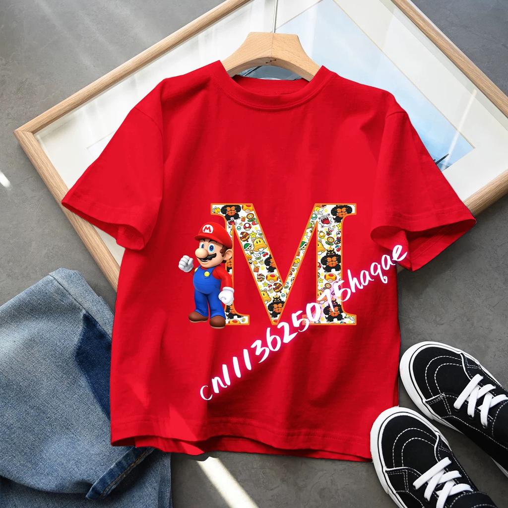 Super Mario Anime Birthday Lucky letter AZ Print T Shirt Cute Children Clothing Tops Toddler Tees Casual Clothes Tops Tees