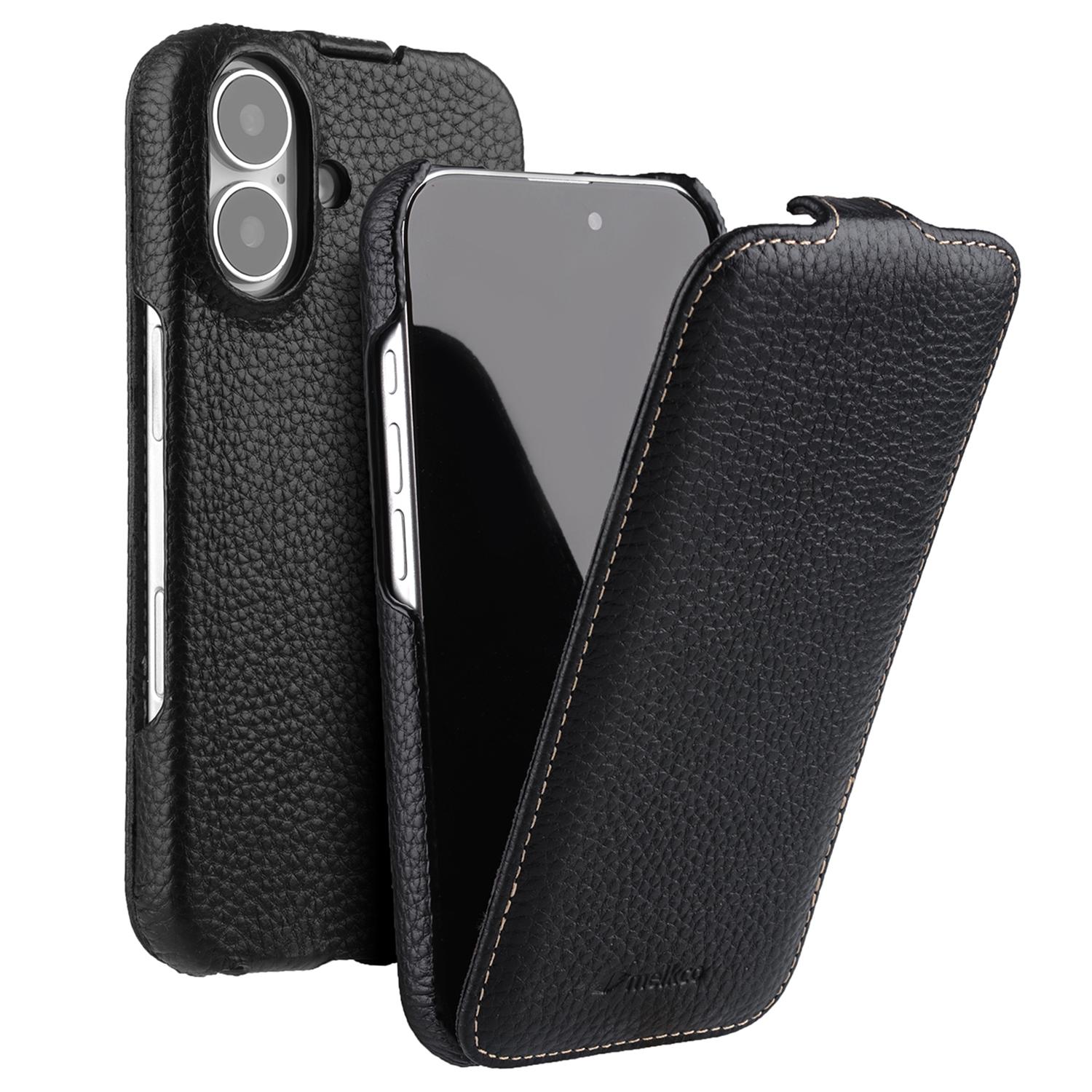 

MELKCO For iPhone 16 Case Compatible with MagSafe Vertical Flip Genuine Cow Leather + PC Phone Cover