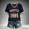 Women's Casual Rugby Print Short Sleeve Neck T-Shirt, Lightweight Breathable Top