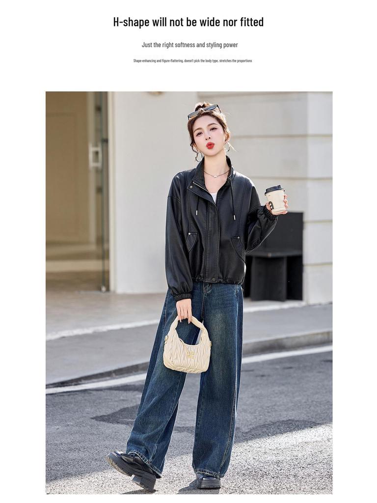 Women's Petite Leather Stand-Collar Jacket - Slimming, Stylish Motorcycle Style, Spring 2026 Fashion