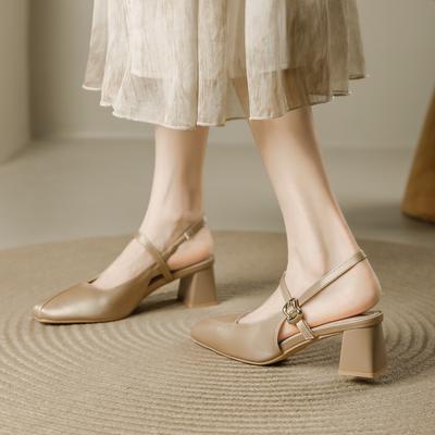 Retro Square Head High Heels Women's Cheongsam Summer New One-word Buckle Mary Jane Bag Head Empty Thick Heel Sandals