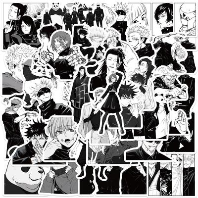 50 Adesivi Doodle in Bianco e Nero di Jujutsu Kaisen per Chitarra, Quaderno o Valigia - Decalcomanie Impermeabili Fai da Te