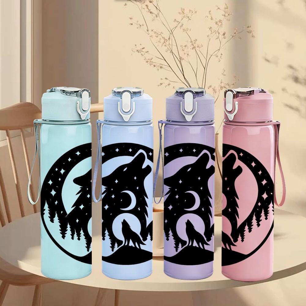 1PC Wolf Mountain Silhouette Graphic 750ml Color Plastic Sports Water Bottle Leakproof Flip Straw Lid Suitable for Sports Office Home Use