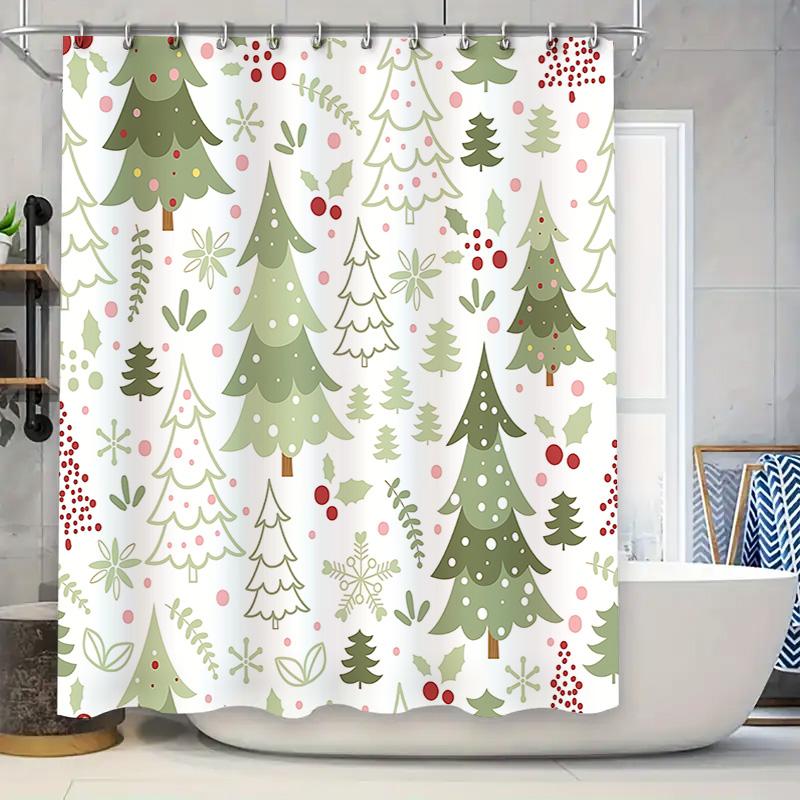 Christmas Themed Shower Curtain With Cute Green Trees Red Berries Snowflakes Festive Bathroom Decor Easy To Clean And Maintain