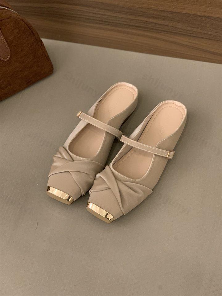 Fashion Elegant Square Head Flat Half Slippers for Women 2025 Spring Soft Sole Comfortable Mary Jane Shoes Shallow Mouth Fashion Sandals
