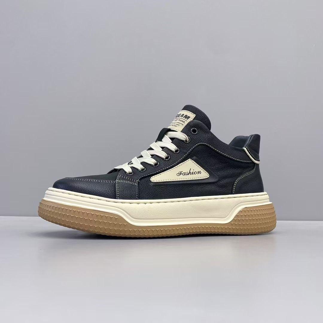 Men s Mid-Top Casual Board Shoes: Autumn/Winter Thick Sole Genuine Leather with Velvet Lining. Size 38