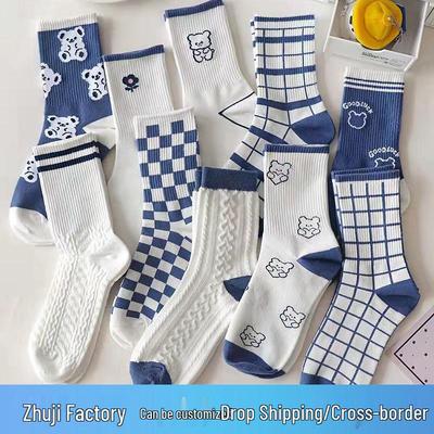 Women's Mid-Calf Socks - Autumn/Winter Checkered & Striped Korean/Japanese Style with Bear Design