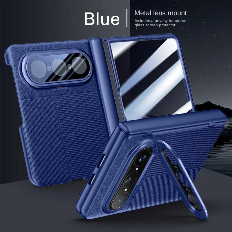 Leather Spring Hinged Lens Camera Holder Stand Case For Huawei Pura X Max With Screen Tempered Glass Protector Cover