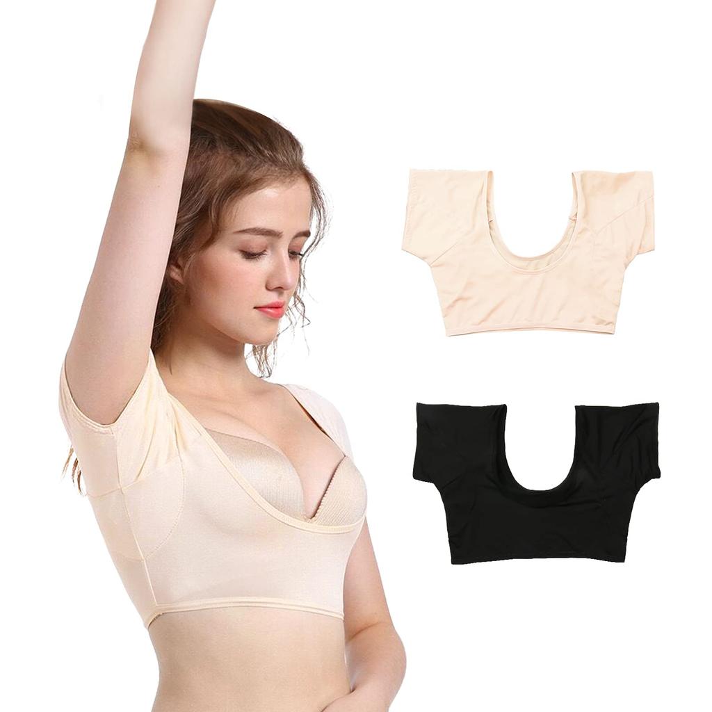 Womens Sweat Absorbing Inner Shirts 2-Pack Beige Black, Short Sleeve Underarm Pad Tops Quick Dry Base Layer M L