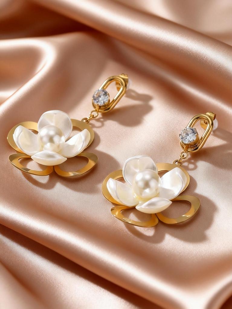 Boucles d'oreilles pendantes élégantes style coréen en acier inoxydable, fleur perle simulée, zircon, pour femmes, bijoux de piercing chics et charmants