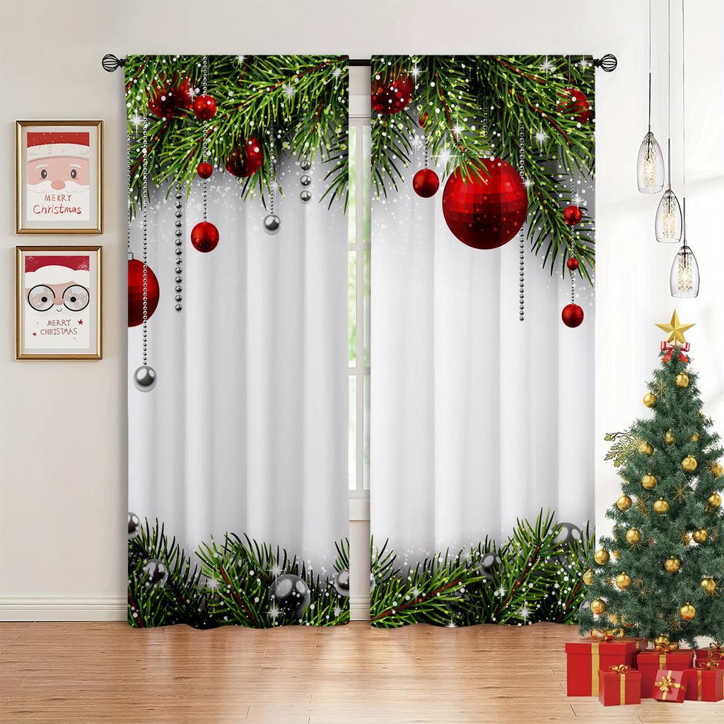 Christmas Bells Green Curtains Golden Red Snowflakes Christmas Elements Bedroom Living Room Kitchen Holiday Curtains 2 Pcs