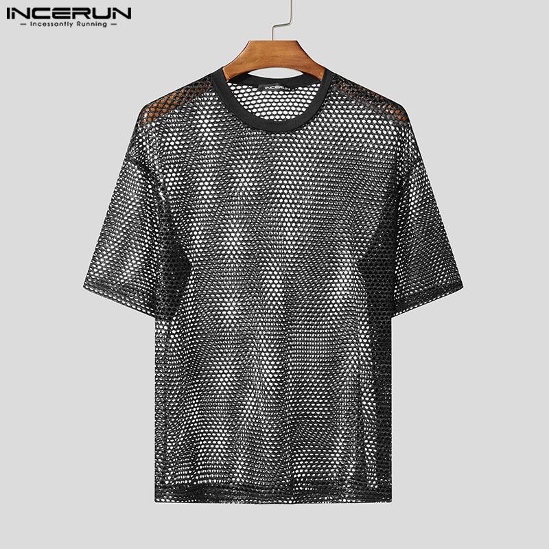 INCERUN Men O Neck Short Sleeve Mesh Sheer See Through Tops T-Shirts