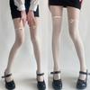 Women Contrast Sheer Mesh Splicing Pantyhose Fake Thigh High Stockings Elegant Ruffle Trim Bowknot Silk Tights Leggings