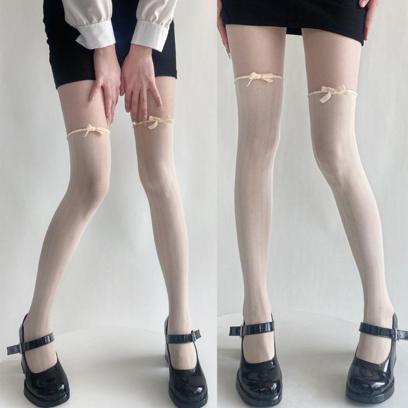 Women Contrast Sheer Mesh Splicing Pantyhose Fake Thigh High Stockings Elegant Ruffle Trim Bowknot Silk Tights Leggings