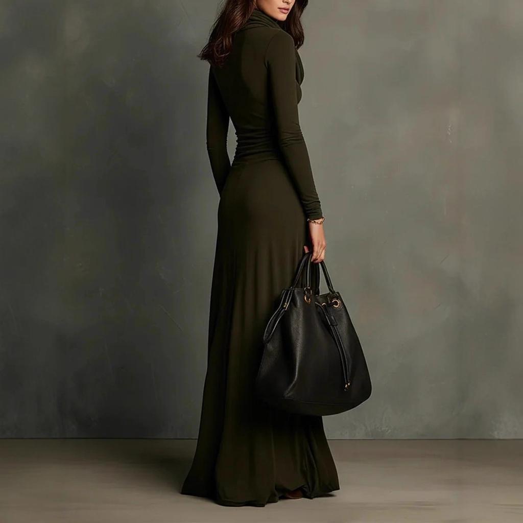 2026 autumn and winter European and American independent station temperament elegant stacked collar pleated slim dress