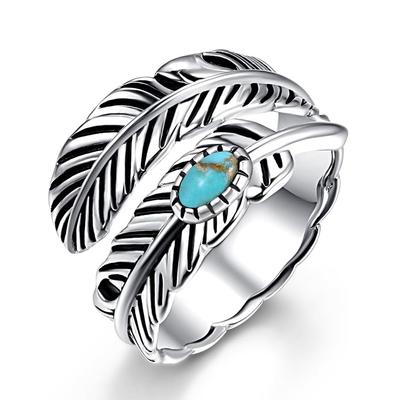 Huitan Personality Feather Shape Opening Rings for Women Anti Silver Color Imitation Turquoise Vintage Female Ring Party Jewelry