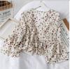 Button Up Skirt Doll Top Retro Floral V-neck Flared Sleeve Chiffon Shirt for Women