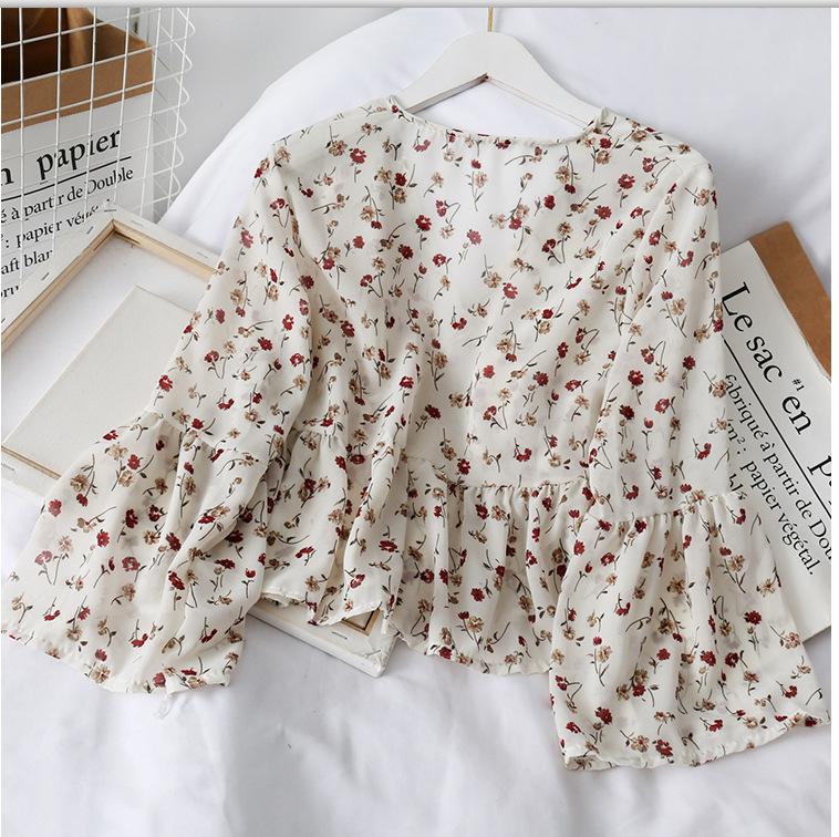 Button Up Skirt Doll Top Retro Floral V-neck Flared Sleeve Chiffon Shirt for Women