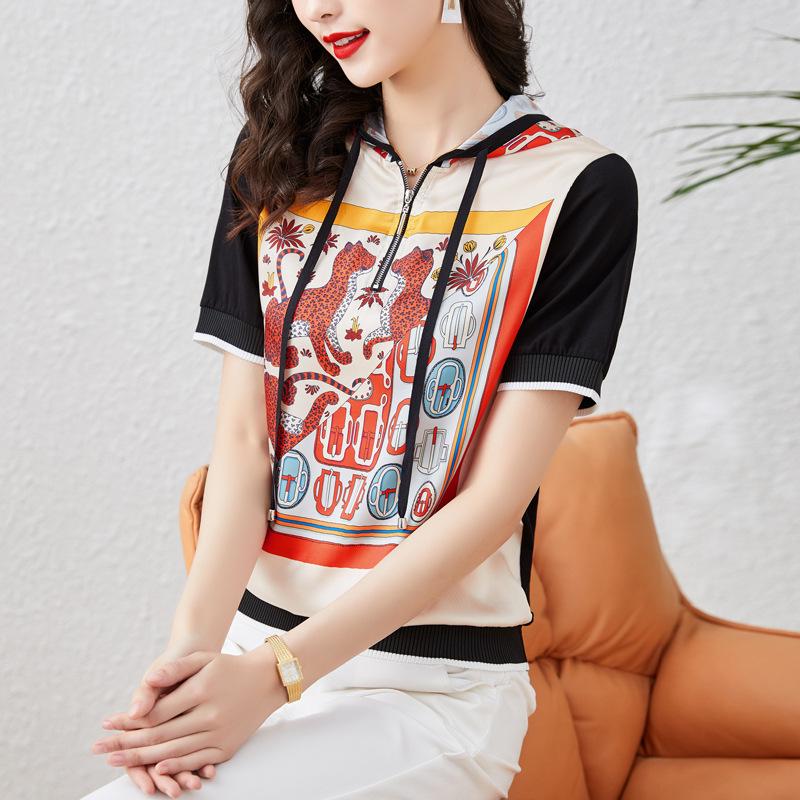 New Summer Hooded Short-sleeved Top Printed Drawstring Pullover Loose Casual Temperament T-shirt