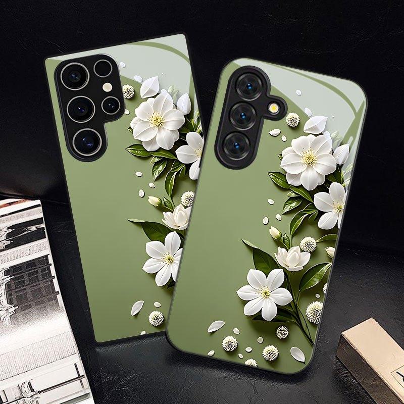 White Flower Pattern Glass Phone Case Suitable for Samsung Galaxy S26 S25 S24 S23 S22 S20 FE/Ultra/Plus Dustproof and Shockproof